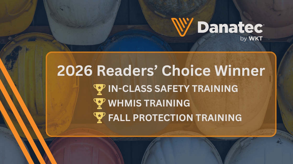 2026 Readers' Choice Winner graphic for Danatec by WKT, featuring award categories: In-Class Safety Training, WHMIS Training, and Fall Protection Training, set against a background of colorful hard hats.